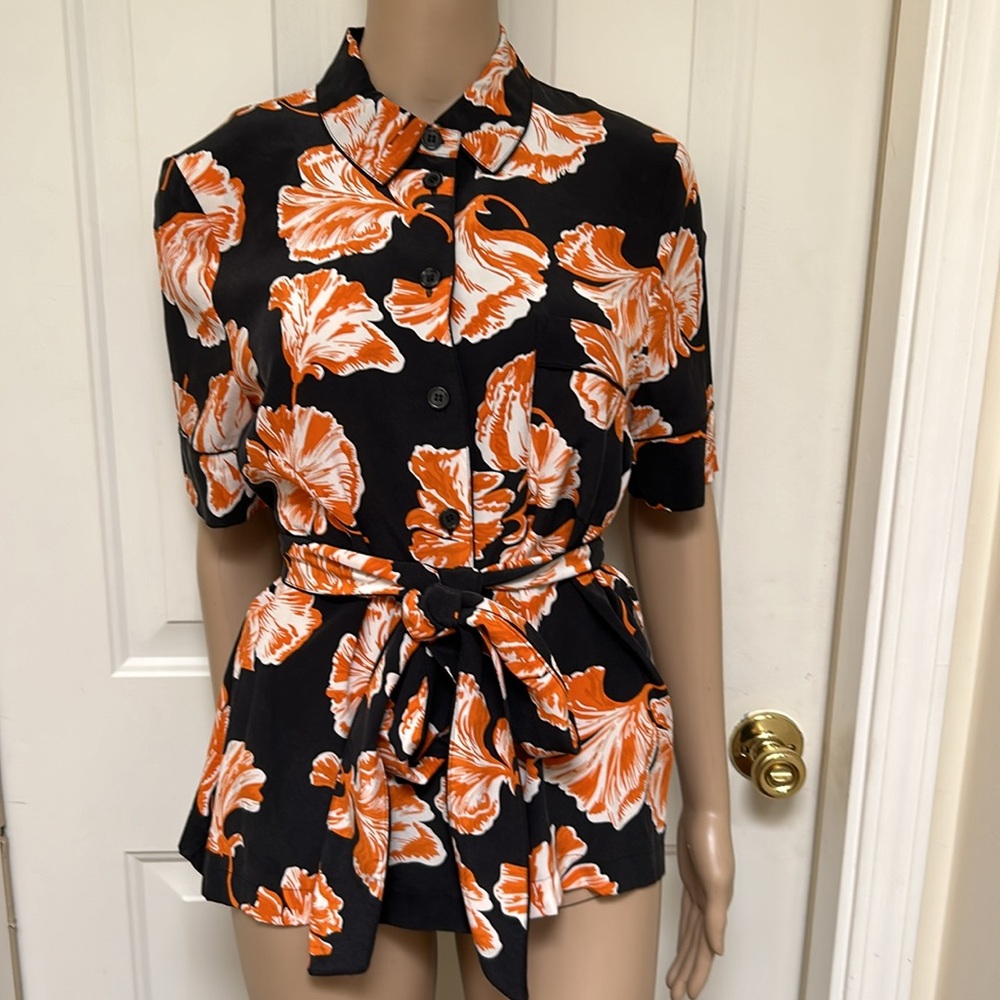 Ganni Silk Floral Blouse w/Belt Tie Button Down Short Sleeve Sz 38/M Poppies NEW